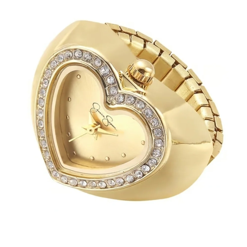 💛▪️Jessica Simpson ▪️Gold Tone Stainless Steel Stretch Fit Heart Ring Watch